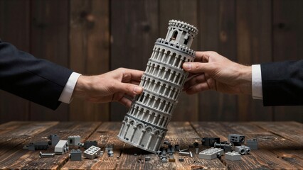 Fototapeta premium Two hands hold a LEGO Leaning Tower, surrounded by scattered pieces.