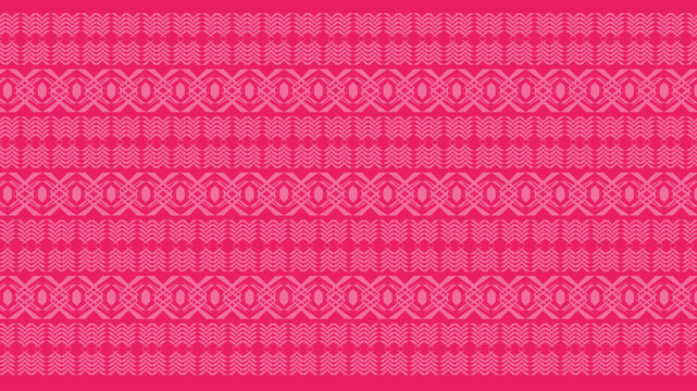 Vibrant pink and fuchsia geometric pattern background with repetitive ethnic-inspired decorative motifs, ideal for digital art, textile design, or contemporary wallpaper designs