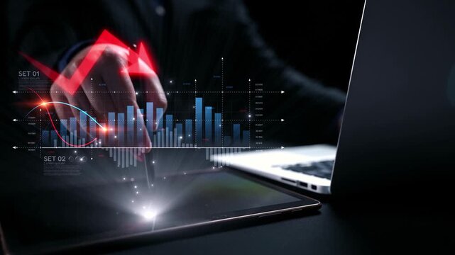 Economic caution visualized with fluctuating market graph, alert symbols, and negative data trends. Represents financial risk, market volatility, and economic uncertainty. Elide
