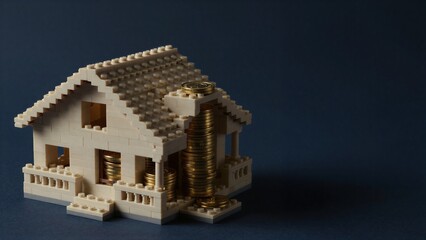 Fototapeta premium Lego house with gold coins symbolizing home ownership and financial success.