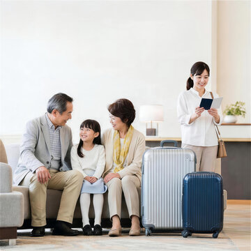 宿泊施設のロビーでくつろぐ祖父母と孫、旅行書類を確認する三世代の日本人家族