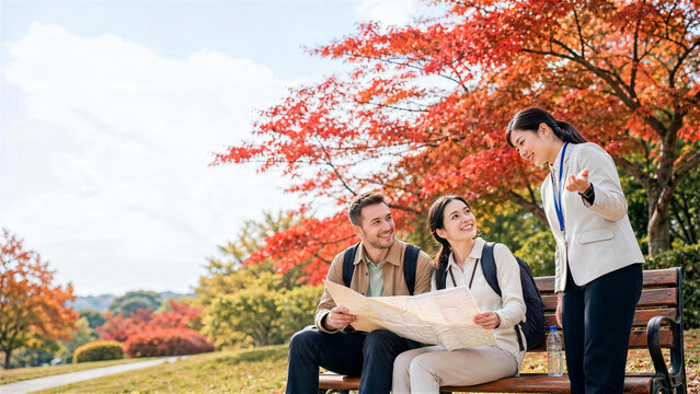 紅葉の公園ベンチで地図を案内する日本人ガイドと外国人旅行者