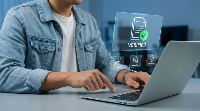 Man working on laptop with document verification digital interface screen