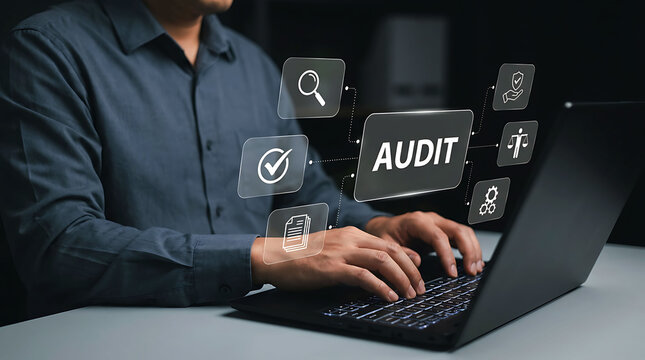 Business auditor analyzing financial data on laptop for internal compliance