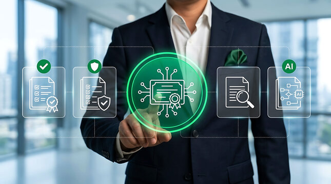 Businessman touching digital certificate icon for smart contract compliance