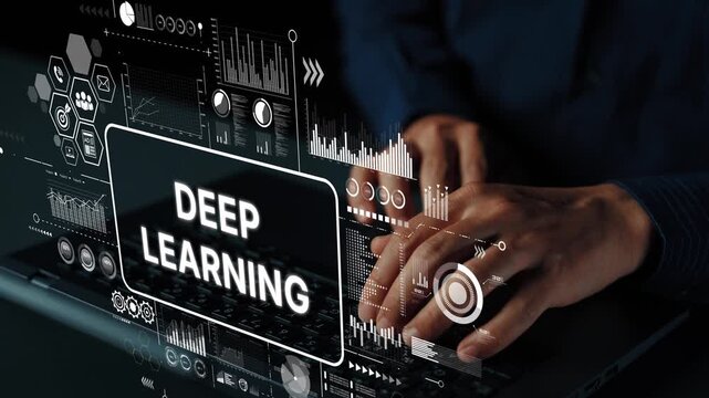 Hands Typing on Laptop with Deep Learning Text and Graphs Representing Data Science and Technology Innovation. Asymptotic smart data analytic.