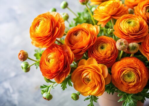 Bunch of orange ranunculus flowers arranged in a beautiful bouquet