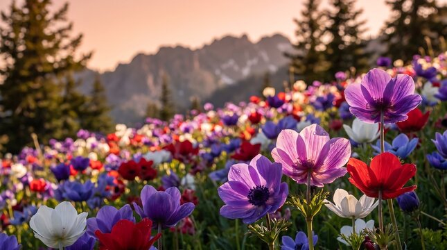 Colorful anemone flower field in mountain landscape at sunset