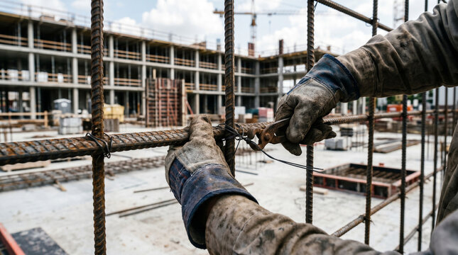 Construction worker tying rebar on building site