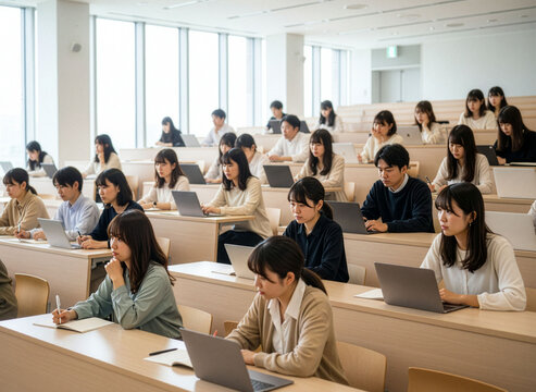 日本の大学の広い講義室で受講する大学生たち１