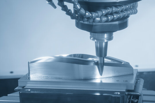 High-precision CNC milling machine performing a surface finishing process on mold parts with a barrel tool.