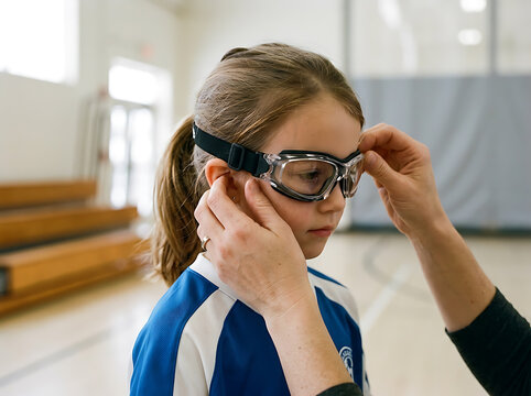 A young girl putting on protective sports goggles before playing a game in a gym.