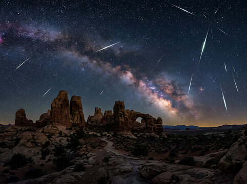 Stunning night sky with meteor shower over Arches National Park rock formations.