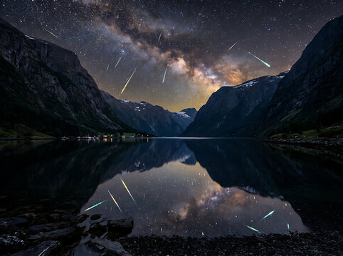Stunning night landscape with a meteor shower over a calm mountain lake in Norway.