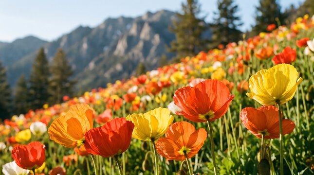 Colorful poppy flower field in mountain landscape
