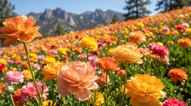 Colorful ranunculus flower field with mountain background