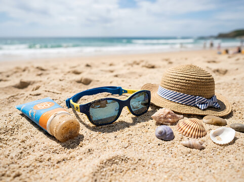 Sunscreen lotion sunglasses and straw hat with seashells on a sandy beach.