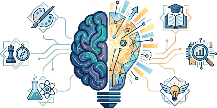 Left and right brain function vector illustration concept showing logical and creative hemispheres linked to educational analytics and artistic icons