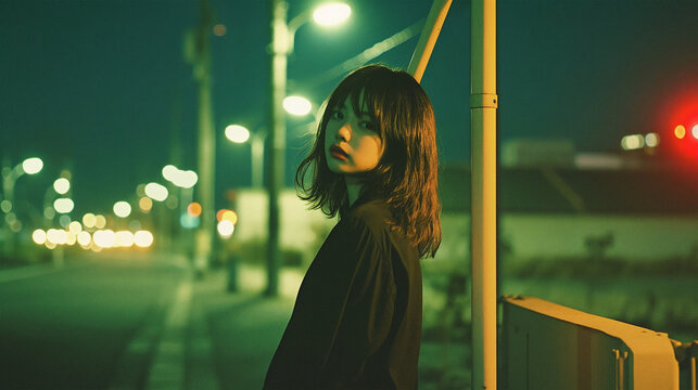 夜の街角で振り向く若い女性のポートレート