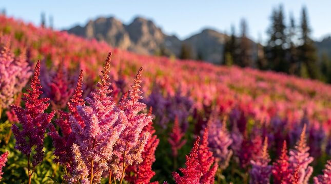 Pink astilbe flowers blooming in mountain meadow
