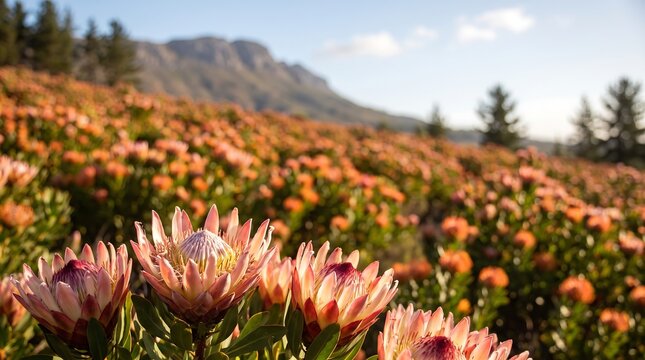Protea flowers blooming on a mountain hillside