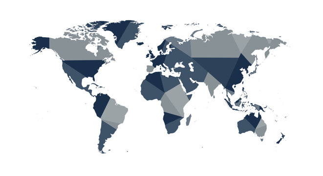 Polygonal world map with blue and grey geometric triangle pattern