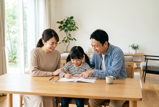 リビング学習で娘の勉強を教える両親 Generative AI