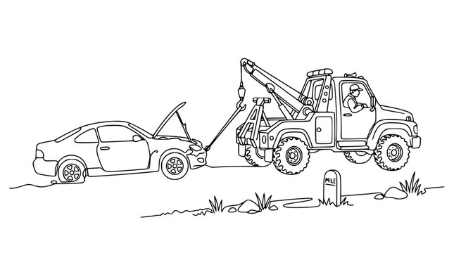 Tow Truck Hooking Up Broken Down Car with Flat Tire