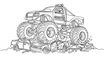 Monster Truck Crushing Cars Line Art Coloring Page © Wesi