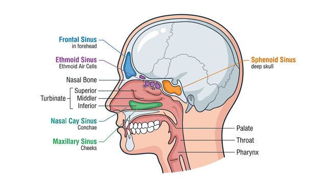 Human Head Anatomy: Sinus Cavities and Nasal Passages Diagram