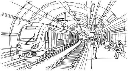 Subway train arriving at station platform, tunnel perspective, passengers waiting, line art illustration © Wesi