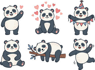 Vector illustration set of a cute panda character waving sleeping on a branch celebrating birthday and showing love.