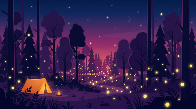 Flat vector illustration of a magical night forest with an orange tent, campfire, and glowing fireflies.
