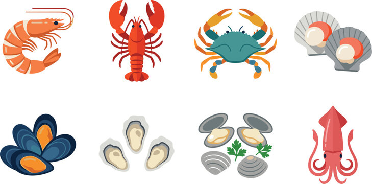 Fresh seafood and edible marine crustaceans vector icon set featuring shrimp lobster crab oysters clams scallops and squid