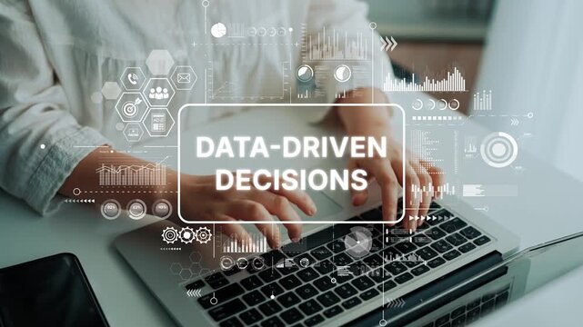 Hands Typing on Laptop with Data Visualization and Analytics Displayed for Data-Driven Business Decision Making. Asymptotic smart data analytic.