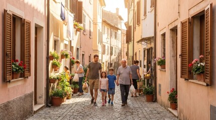 Obraz premium Multi-generational family walking and talking together in a charming rustic European alley