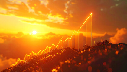 Fototapeta premium Golden Rise: A vibrant financial graph charts an upward trend against a dramatic sunset sky, symbolizing growth, success, and optimistic future.