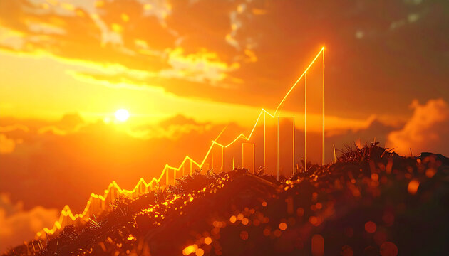 Golden Rise: A vibrant financial graph charts an upward trend against a dramatic sunset sky, symbolizing growth, success, and optimistic future.