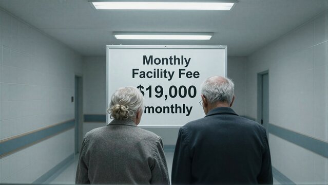 Two elderly people stand in a hallway, staring at a $19,000 monthly facility fee sign.