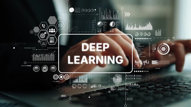 Conceptual visualization of deep learning technology with data analytics and graphs on a laptop screen. Asymptotic smart data analytic.