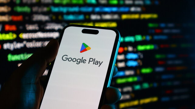 Hand holding smartphone with google play app on screen in front of blurred coding background with colorful text