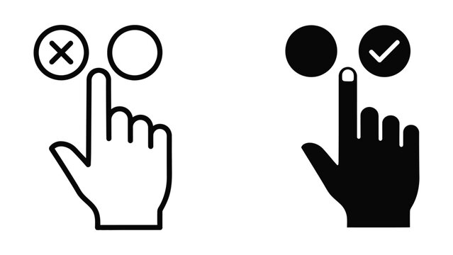 Hand Touching Checkmark and Cross Icons in a Minimalist Vector Illustration Style