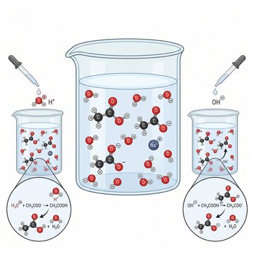 Scientific Illustration Depicting Chemical Buffer Systems and Molecular Acid Base Reactions in Laboratory Beakers