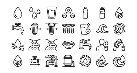 Fototapeta premium Water Line Icons Set with Rain Drops H2O Purification Filter and Aqua Vector
