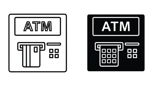 Withdrawing Cash Using ATM Machine Icons Set in Minimalist Outline and Solid Black Graphic Style