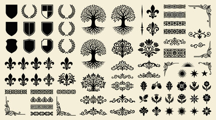 Vintage Heraldic and Decorative Design Elements Collection featuring Black Silhouettes of Shields, Trees of Life, Fleur-de-lis Symbols, Ornate Borders, Floral Dividers and Corner Ornaments. © Ayong