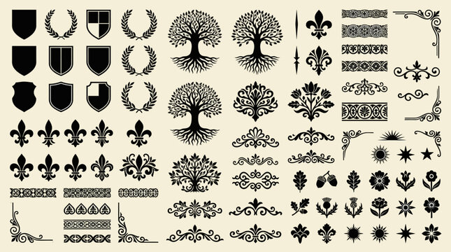 Vintage Heraldic and Decorative Design Elements Collection featuring Black Silhouettes of Shields, Trees of Life, Fleur-de-lis Symbols, Ornate Borders, Floral Dividers and Corner Ornaments.
