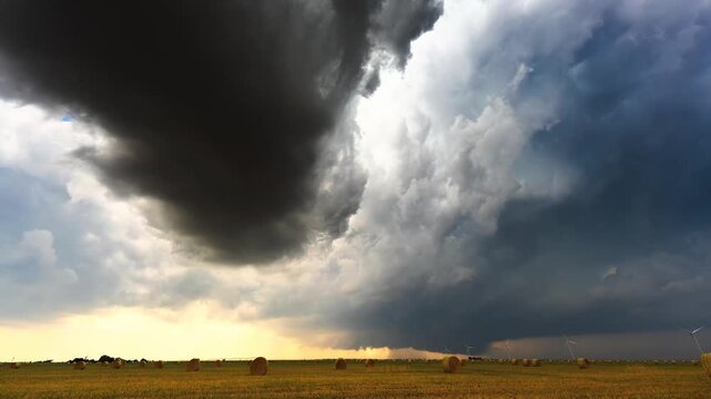 Time-lapse storm clouds rolling over a golden field