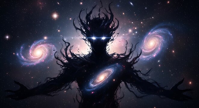 Dark Cosmic Entity with Glowing Eyes Amid Galaxies and Nebulae