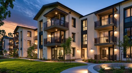 Fototapeta premium Modern apartment buildings with balconies and soft exterior lighting at dusk